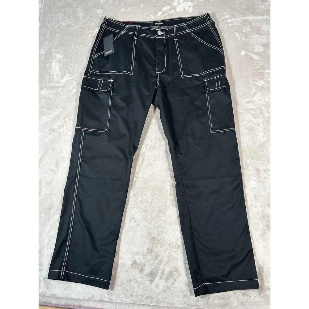True Religion Bobby Baggy Cargo Pants Mens 38x32 Black Contrast Stitch Y2K VTG